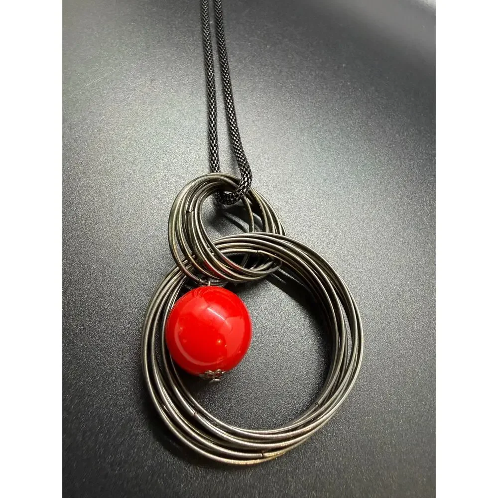 Modernist Multi-Circle Wire Wrap Pendant Long Sweater Necklace